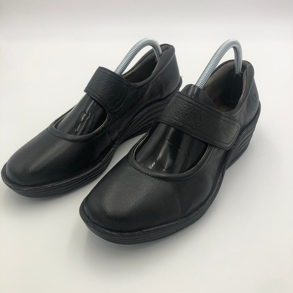 Bionica Black Leather Mary Jane Wedge Shoes